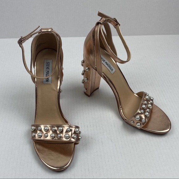 Steve Madden Madeira Rose Gold Pearl Block Heels sz 9.5 - Picture 1 of 7